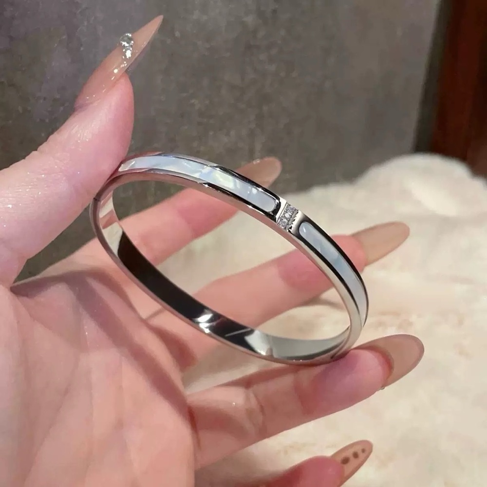 Modern Titanium Steel Mother of pearl Inlay Bangle-Silver Finish &Crystal Accent